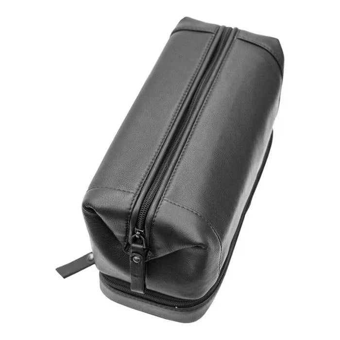 VILL OKSE leather toiletry bag with zipper bottom in sleek black design for travel essentials