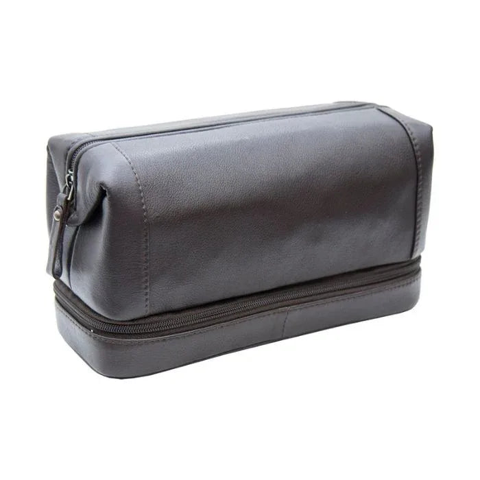 VILL OKSE leather toiletry bag with zipper bottom for organized travel and grooming essentials