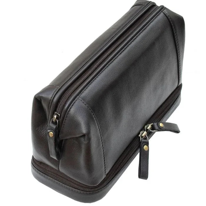 VILL OKSE leather toiletry bag with zipper bottom in dark brown for travel and organization