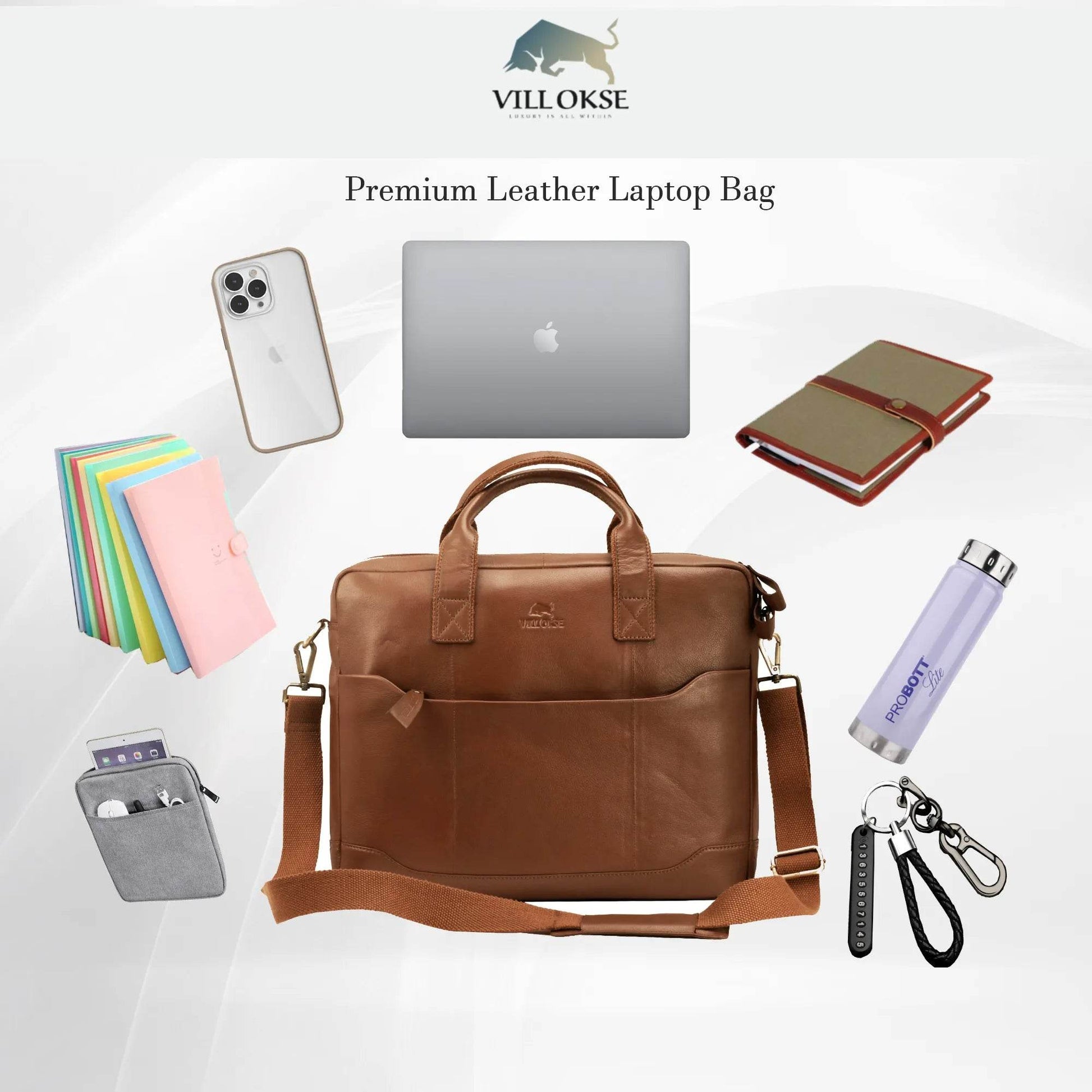 The Hector - Genuine Leather Laptop Bag - Cognac Nappa - VILL OKSE