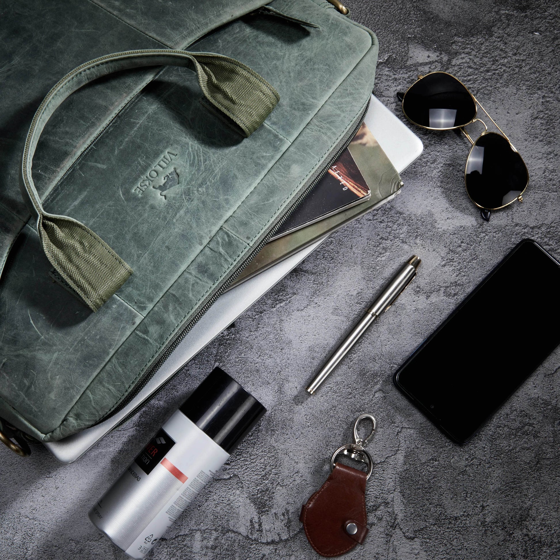 The Hector - Genuine Leather Laptop Bag - Green Waxy Hunter - VILL OKSE
