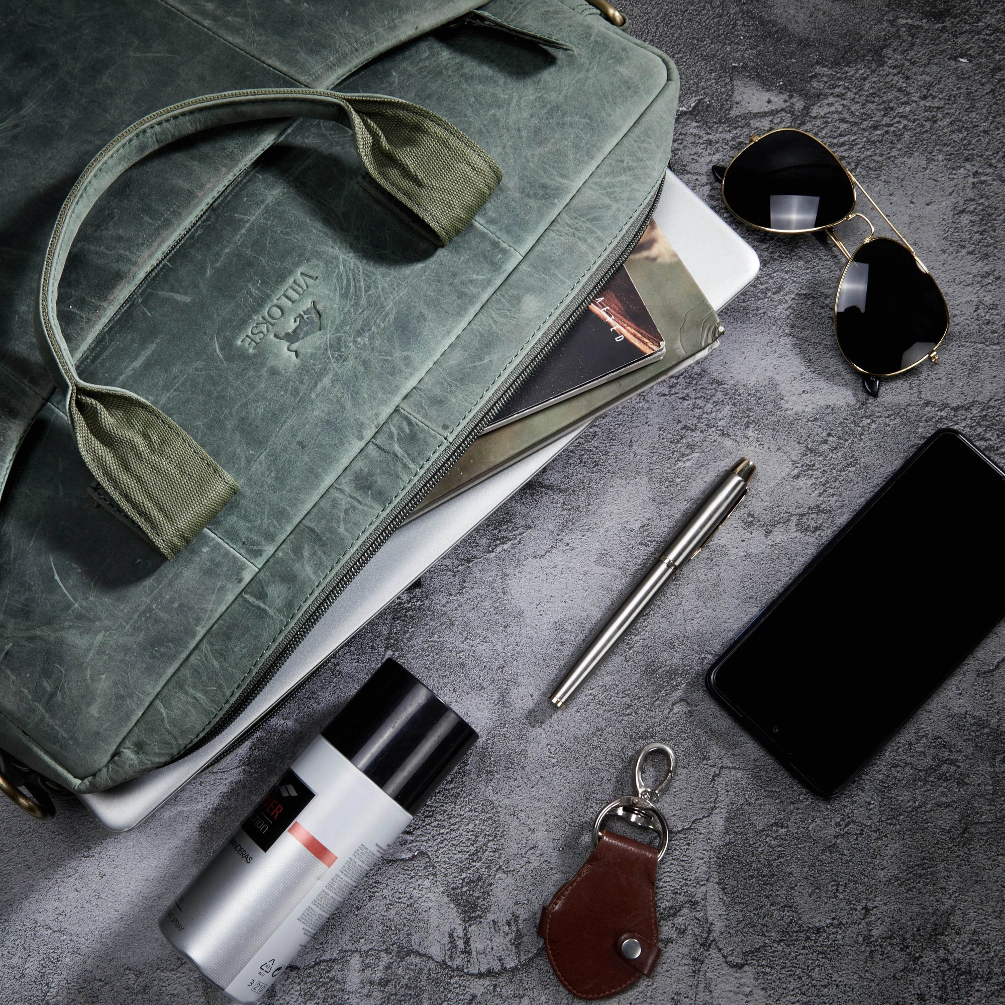 The Hector - Genuine Leather Laptop Bag - Green Waxy Hunter - VILL OKSE